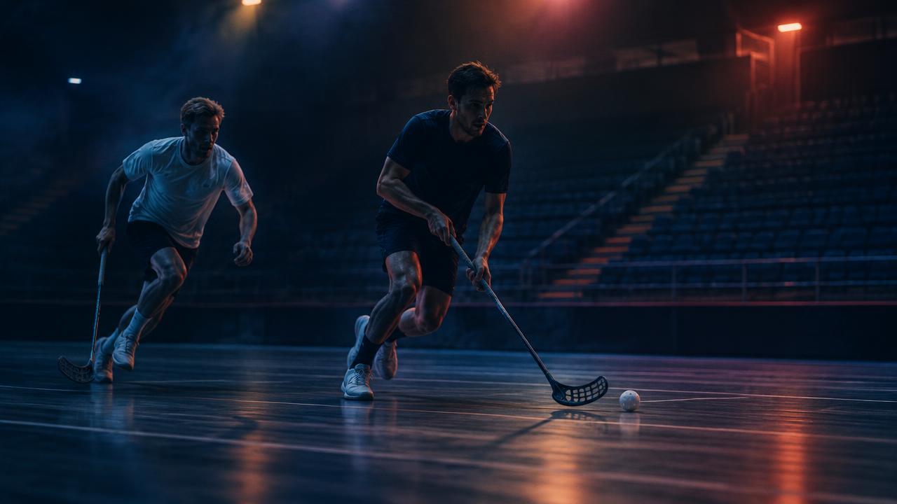 Innebandyspelare i action på ett hallgolv i mörk hall